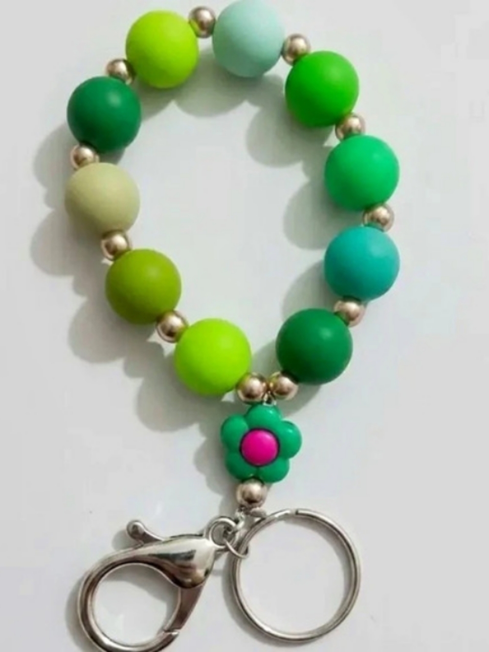 Green & Pink Beaded Charm Bracelet Key Ring